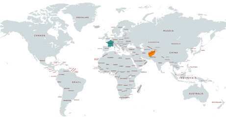 World Map Highlighting Specific Afghanistan and  france Countries in Color Highlight