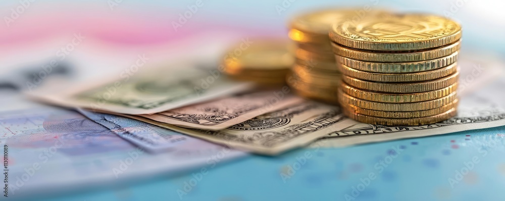 Poster currency value idea. a close-up of currency notes and coins representing wealth and finance.