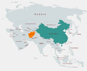 Political Map of Asia Highlighting Afghanistan and  china With Country Names