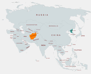 Obraz premium Political Map of Asia Highlighting Afghanistan and north korea With Country Names