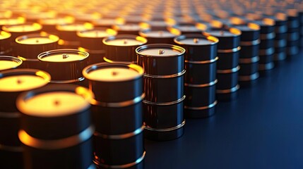 Obraz premium Oil petroleum concept. Rows of black barrels with glowing light highlighting their texture and structure.