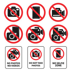 No Photography Allowed: A comprehensive set of prohibition signs, featuring various combinations of camera, phone, and video camera icons, alongside clear text warnings.