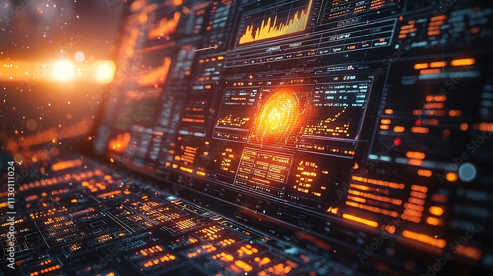 Poster futuristic trading desk with ai powered holographic data visualization