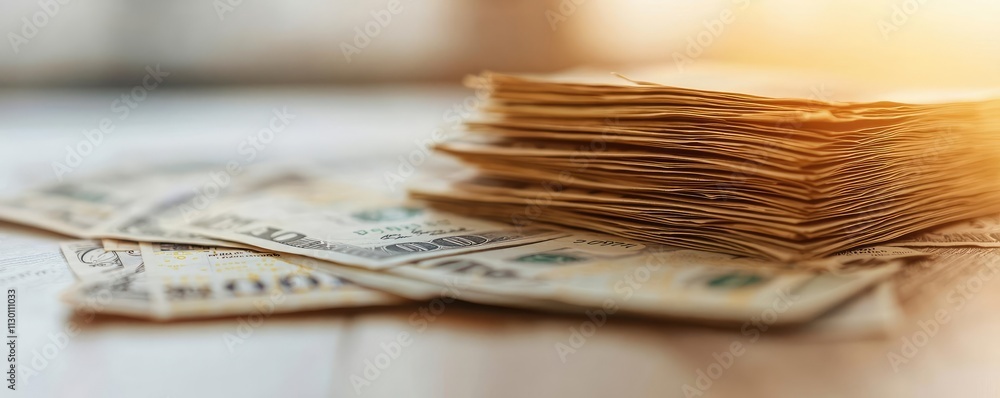 Poster currency value idea. close-up of stacked money with a warm light enhancing the texture and details.