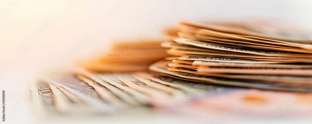 Poster currency value idea. close-up view of stacked currency notes and coins on a soft background.