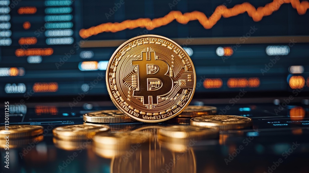 Poster currency value idea. digital currency represented by bitcoin on a financial chart background.