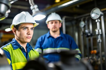Fototapeta premium Two Male Engineers in Safety Gear Working in Industrial Environment
