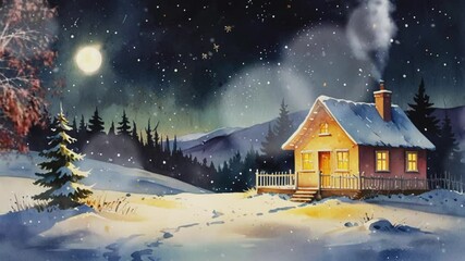 Ancient cottage with shining windows, seamless 4K virtual video animation background - Powered by Adobe