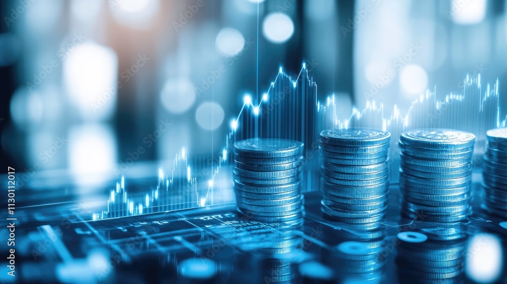 Poster arrow pointing up on a background of stacked coins, with a growing graph line depicting a business g