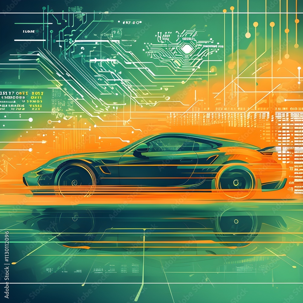 Poster sport car silhouette with vibrant dynamic lines showing motion, surrounded by data streams
