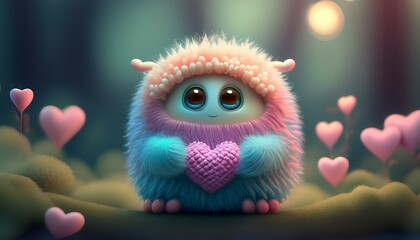 Fototapeta premium A small, cute, illustrated, fantasy, pastel color creature of wool holding a love heart. A baby monster from a children's fairy tale