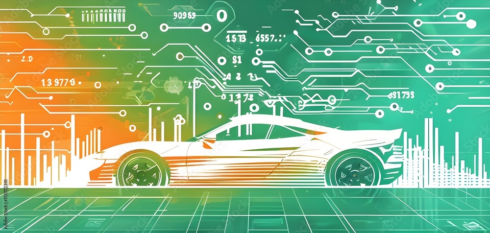Poster sport car silhouette with vibrant dynamic lines showing motion, surrounded by data streams