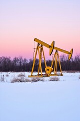 Fototapeta premium Winter Landscape with Yellow Oil Pumps at Dusk in Snowy Terrain