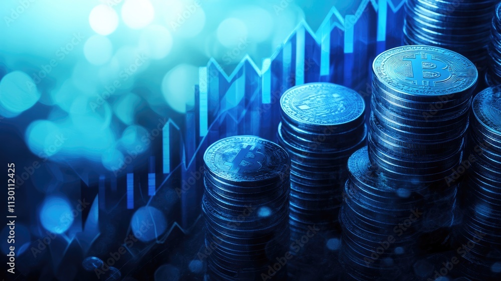 Poster arrow pointing up on a background of stacked coins, with a growing graph line depicting a business g