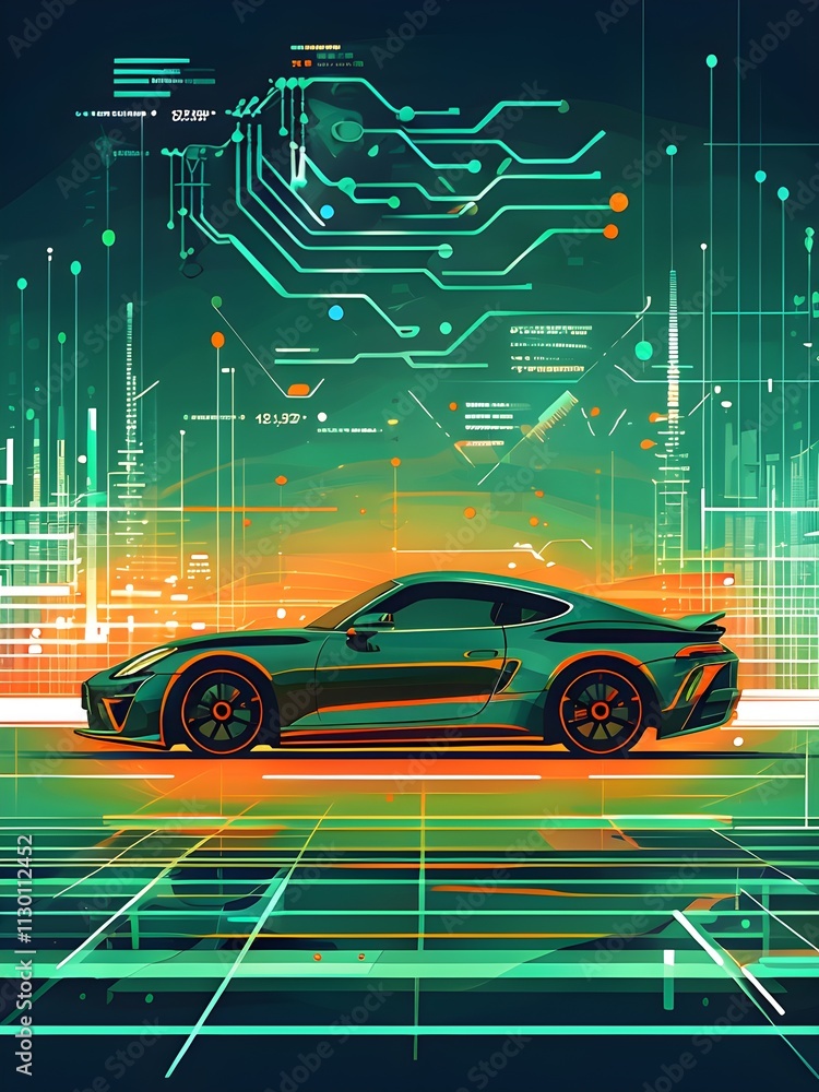 Poster sport car silhouette with vibrant dynamic lines showing motion, surrounded by data streams