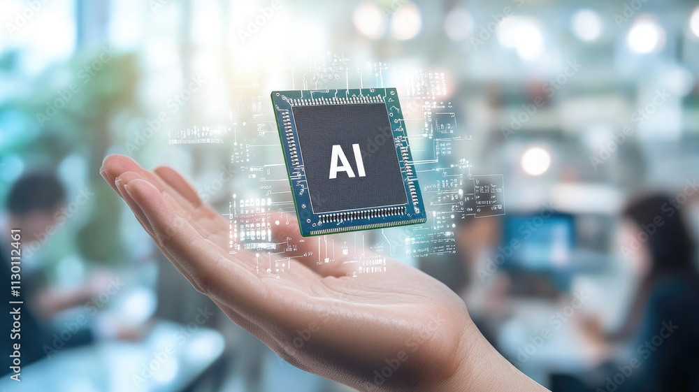 Poster ai chip floating above the palm of an outstretched hand, with circuitry and digital lines forming ar