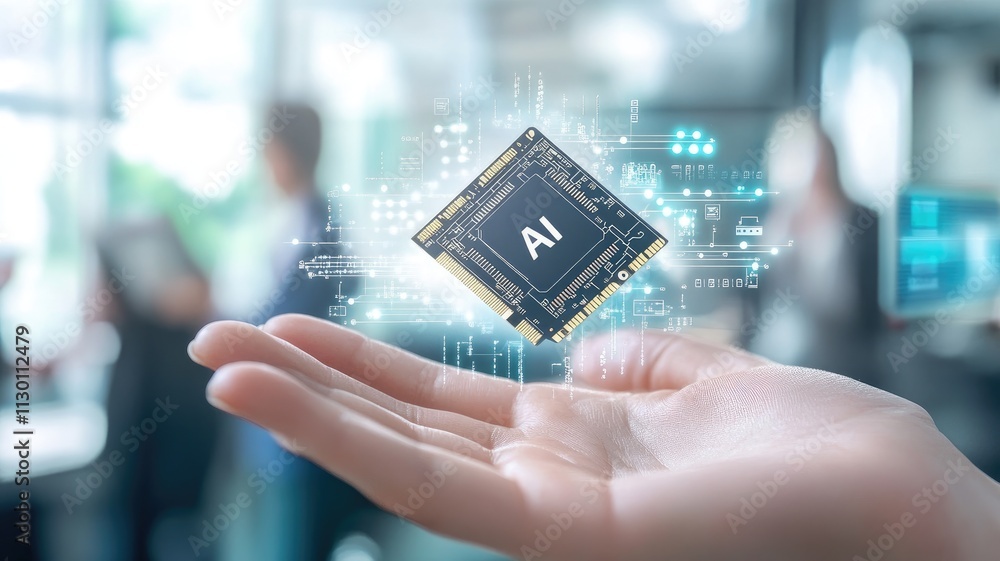 Poster ai chip floating above the palm of an outstretched hand, with circuitry and digital lines forming ar