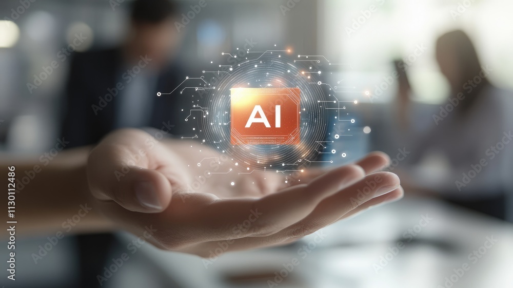 Poster ai chip floating above the palm of an outstretched hand, with circuitry and digital lines forming ar