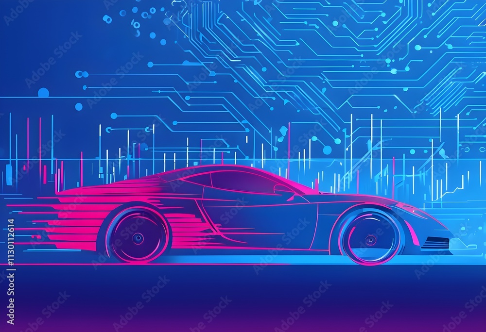 Poster sport car silhouette with vibrant dynamic lines showing motion, surrounded by data streams