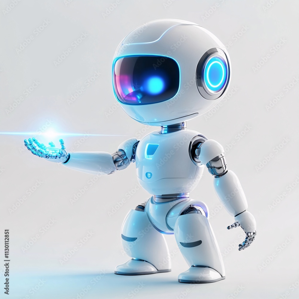 Poster robot with holographic projection: an ai robot projecting a hologram from its hand, isolated on a wh