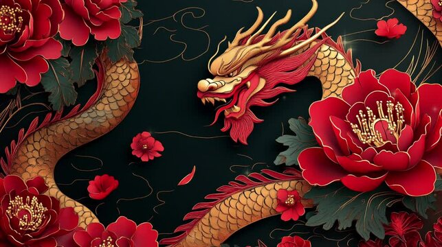 Chinese dragon and red peony flowers paper video background for Lunar New Year celebration.