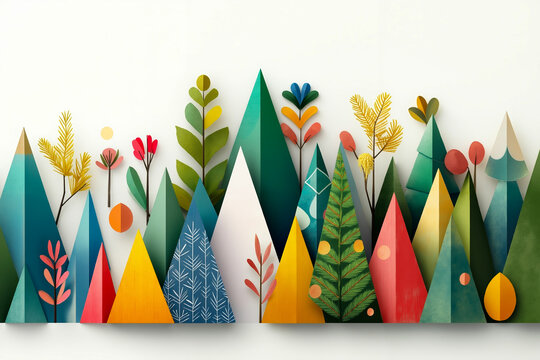 A group of colorful paper trees with flowers and plants