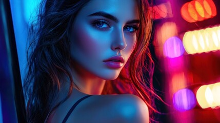 Naklejka premium Neon Nights: A Stunning Portrait of a Woman Bathed in Vibrant Lights