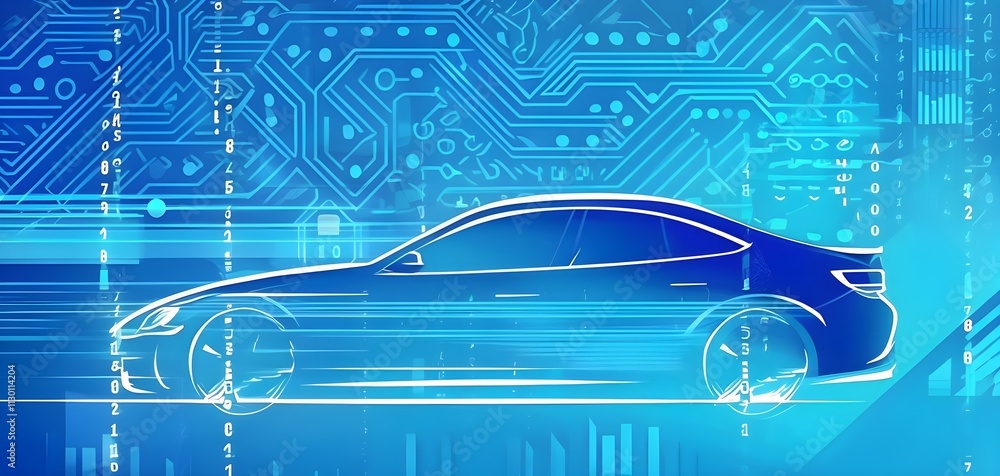 Poster sport car silhouette with vibrant dynamic lines showing motion, surrounded by data streams