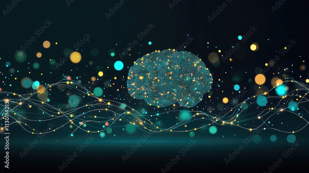 Poster digital brain illustration with colorful particle effects and waves