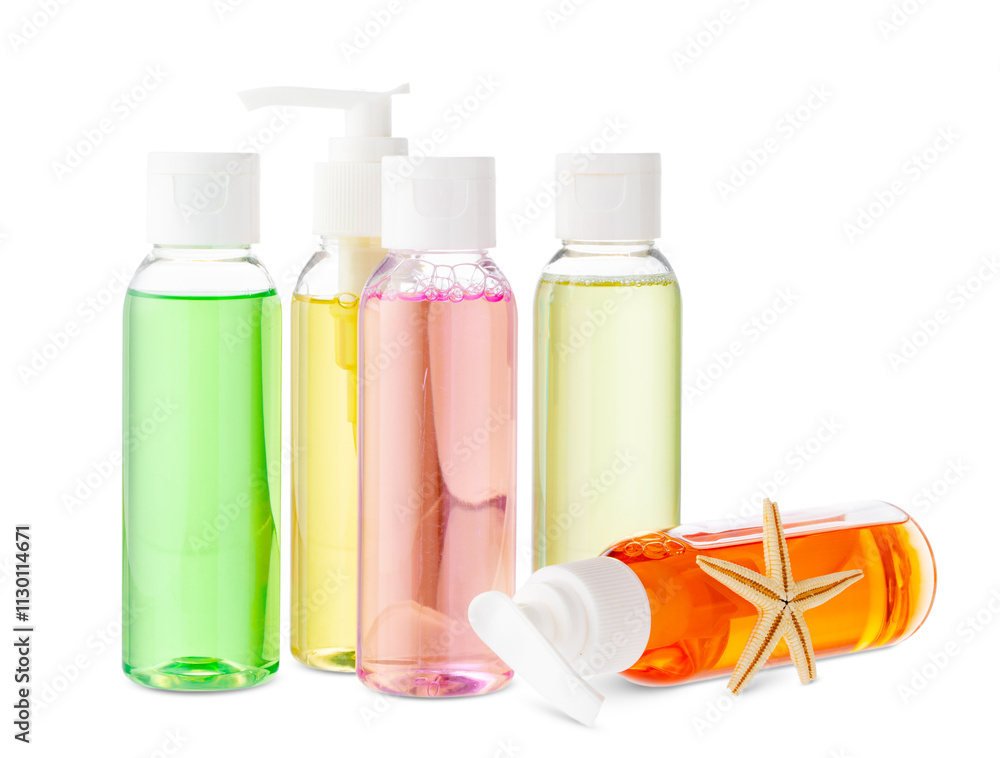 Poster assorted skincare products displayed on a white surface with a seashell