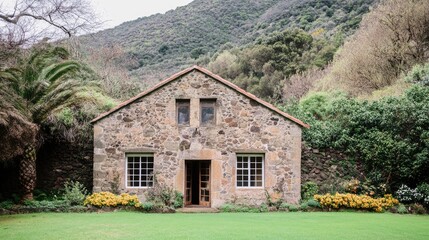 Naklejka premium Rustic Stone House Surrounded by Greenery in Serene Mountain Landscape