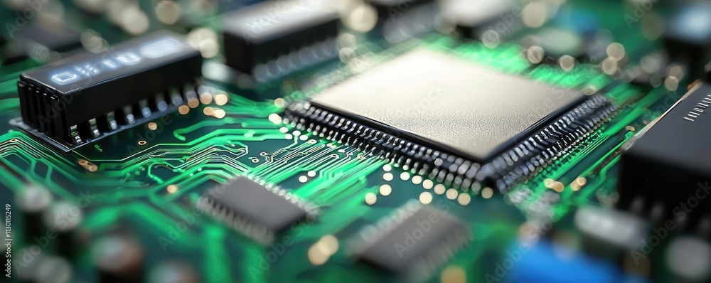 Poster Solar sustainability idea. Close-up of a microchip on a printed circuit board showcasing intricate details.