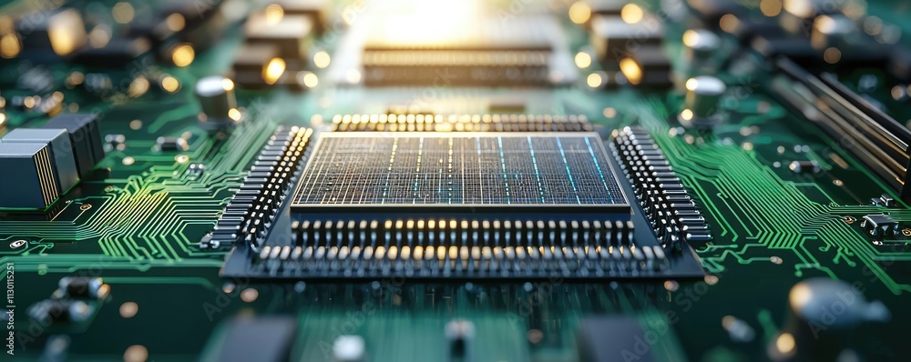Poster solar sustainability idea. close-up view of a microchip on a circuit board, showcasing intricate det