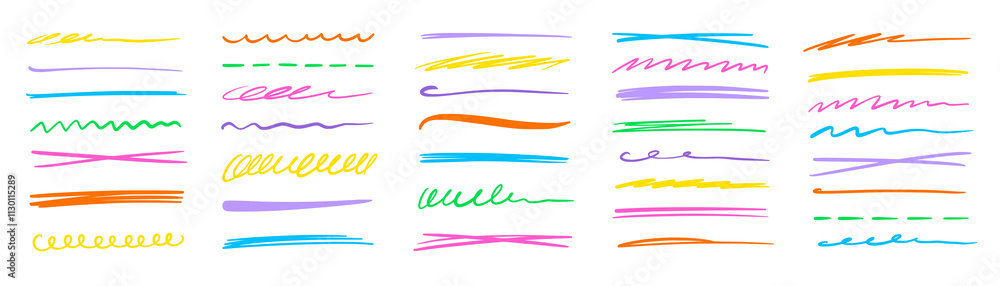 Poster line pen brush marker color stroke underline vector set. hand drawn doodle sketch pen brush stroke s