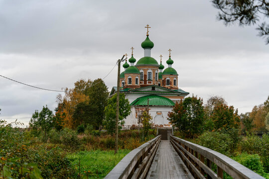 View of the ancient Cathedral of the Smolensk Icon of the Mother of God on a sunny June day. Olonets, Karelia