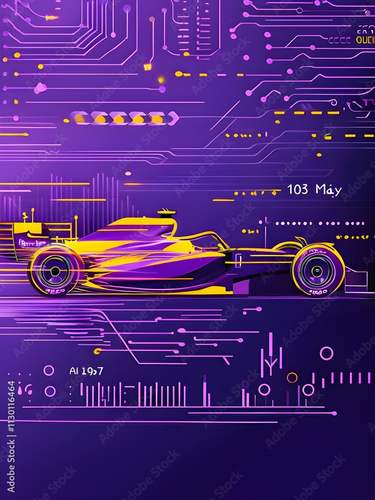 Poster sport car silhouette with vibrant dynamic lines showing motion, surrounded by data streams