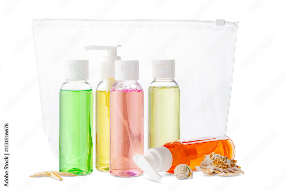 Poster assorted skincare products displayed on a white surface with a seashell