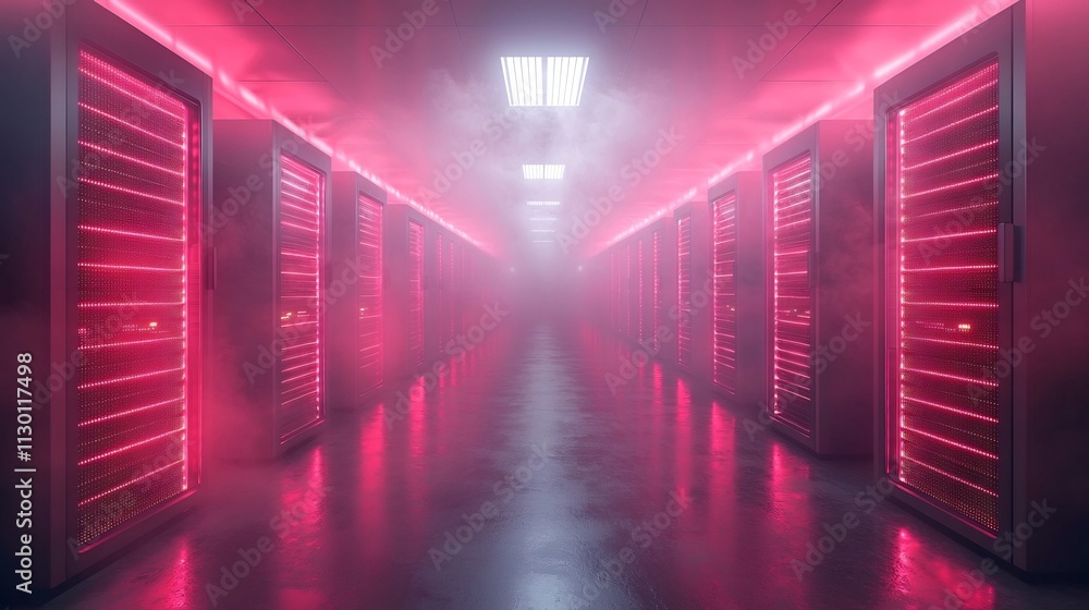 Poster futuristic data center in the clouds with glowing data streams and servers