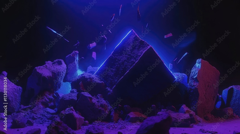 Poster vibrant abstract glow of pyramidal structure with dynamic particles