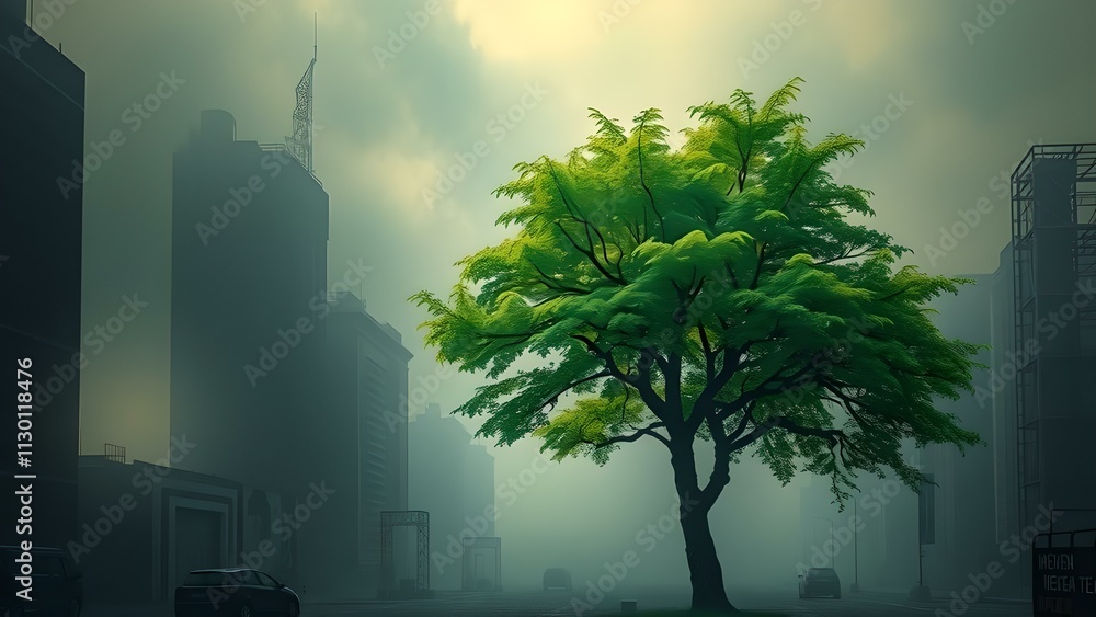 Poster foggy cityscape with a tree in the foreground, 3d render