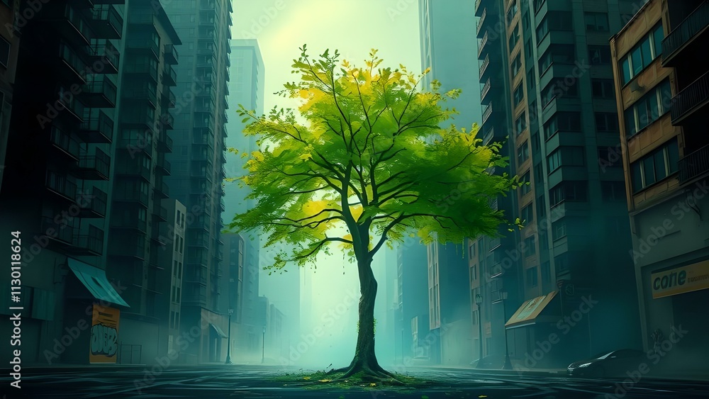Poster hope. tree in the middle of a foggy city. 3d rendering