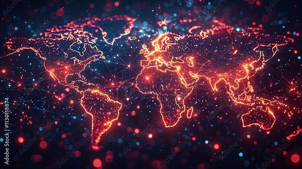 Poster glowing digital global supply chain network map with bright connecting lines across continents