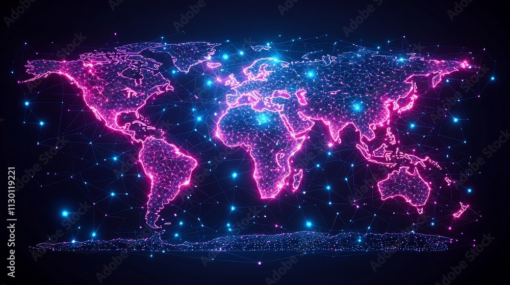 Poster glowing world map visualizing a seamless global supply chain and distribution network