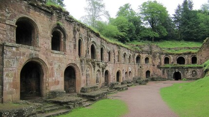 Fototapeta premium Ancient stone ruins with arches surrounded by lush greenery