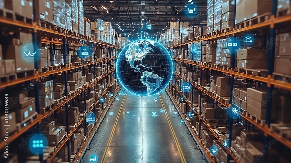Poster holographic globe in logistics center with real time supply chain analytics and performance indicato