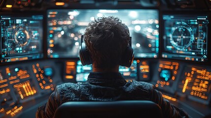 Futuristic Supply Chain Command Center with Holographic Drone Truck and Ship Monitoring