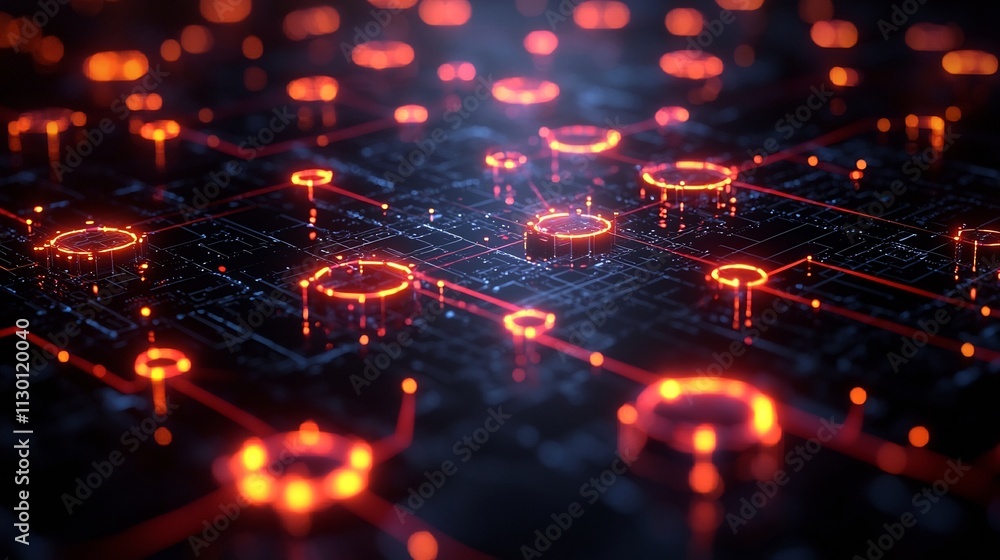 Poster dynamic digital supply chain process illustrated as glowing roadmap with checkpoints for production 