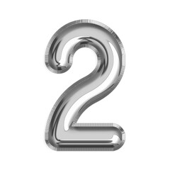 2 English Number silver foil balloon isolated on transparent background PNG, 3d silver alphabet