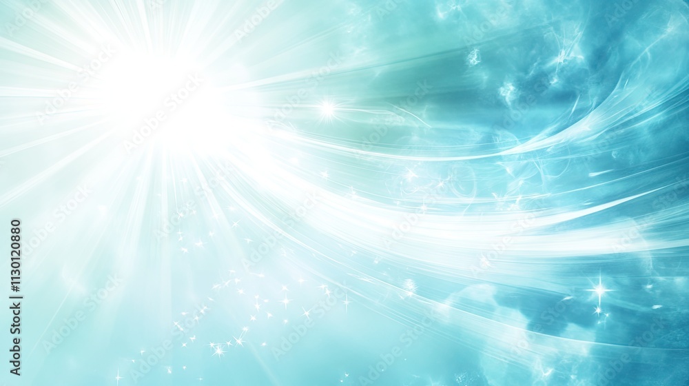 Poster bright abstract light rays and sparkles on soft blue background