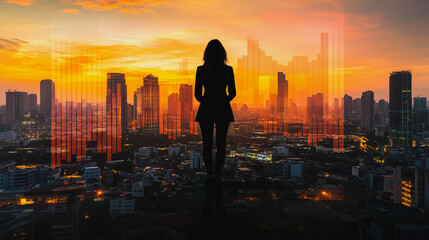 Fototapeta premium Abstract business woman stands on the peak of success amid tall, innovative Smart city and graphs with statistics to analyze business potential and predict future developments in company growth.